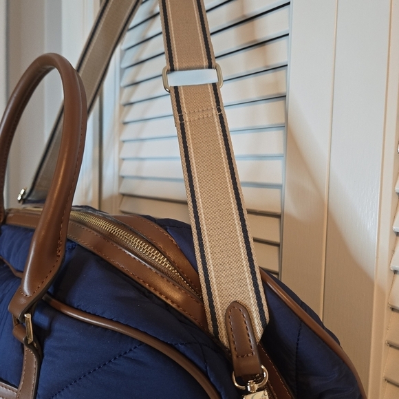ANNE KLEIN Navy Quilted Weekender Bag Brown Faux Leather Dual Compartment 20x14 - Picture 5 of 13